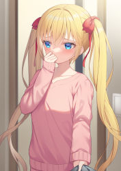 Rule 34 | 1girl, alexmaster, blonde hair, blue eyes, blurry, blurry background, blush, bow, collarbone, commentary request, depth of field, hair between eyes, hair bow, hand up, indoors, long hair, long sleeves, looking away, looking to the side, original, pink sweater, red bow, sleeves past wrists, solo, sweater, twintails, very long hair