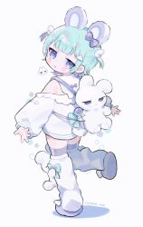 Rule 34 | 1girl, animal bag, animal ears, bow, bubble, candy, cotono (nazekun), fake animal ears, food, frilled sweater, from behind, green hair, highres, jitome, leg up, lollipop, looking at viewer, looking back, original, purple bow, purple eyes, rabbit ears, short hair, single bare shoulder, slippers, socks, solo, standing, standing on one leg, stuffed animal, stuffed rabbit, stuffed toy, thighs, two side up, white background, white leg warmers, white socks, yume kawaii
