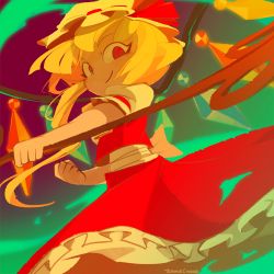 Rule 34 | 1girl, artist name, blonde hair, bow, clenched hand, closed mouth, crystal, dress, flandre scarlet, frilled skirt, frills, hat, hat bow, hat ribbon, laevatein, looking at viewer, mob cap, puffy short sleeves, puffy sleeves, red bow, red dress, red eyes, red ribbon, red skirt, ribbon, short sleeves, skirt, smile, solo, spinning, temmie chang, touhou