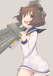 Rule 34 | 10s, 1girl, absurdres, binoculars, brown hair, dress, headgear, highres, kantai collection, looking at viewer, open mouth, sailor collar, sailor dress, short hair, simple background, solo, yagitome87, yukikaze (kancolle)