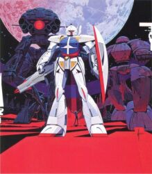 Rule 34 | 1990s (style), 1boy, beam rifle, concept art, energy gun, glowing, glowing eye, glowing eyes, gundam, looking at viewer, loran cehack, machinery, mecha, mobile armor, mobile suit, moon, official art, one-eyed, outstretched arms, painting (medium), realistic, red eyes, retro artstyle, robot, scan, science fiction, shield, signature, sumo (mobile suit), syd mead, traditional media, turn a gundam, turn a gundam (mobile suit), wadom, walker (robot), weapon, when you see it
