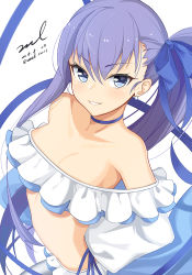 Rule 34 | 1girl, bare shoulders, blue eyes, blue ribbon, breasts, choker, cleavage, dated, fate/grand order, fate (series), hair ribbon, long hair, long sleeves, looking at viewer, medium breasts, meltryllis, meltryllis (fate), meltryllis (swimsuit lancer) (fate), meltryllis (swimsuit lancer) (third ascension) (fate), midriff, off shoulder, parted lips, purple hair, ribbon, side ponytail, signature, simple background, smile, solo, twitter username, unel, upper body, v-shaped eyebrows, very long hair, white background