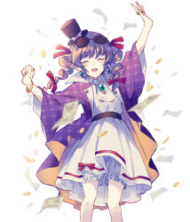 Rule 34 | 1girl, ^ ^, bloomers, bracelet, brown hair, closed eyes, coin, commentary, dress, drill hair, earrings, eyewear on head, feet out of frame, hand up, highres, jacket, jewelry, money, open mouth, pendant, purple jacket, ring, solo, sunglasses, symbol-only commentary, touhou, twin drills, underwear, uranaishi (miraura), white background, white dress, wide sleeves, yorigami jo&#039;on