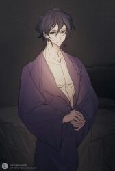 Rule 34 | 1boy, black hair, chinese commentary, collarbone, commentary request, cowboy shot, hair between eyes, highres, indoors, jieqiu337, lofter logo, lofter username, long sleeves, male focus, own hands together, partially unbuttoned, photo background, purple robe, robe, saibou shinkyoku, solo, utsugi noriyuki, wide sleeves