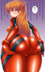 Rule 34 | 1girl, ass, ass focus, ass grab, blue eyes, blush, breasts, butt crack, grabbing own ass, highres, huge ass, large breasts, long hair, looking at viewer, neon genesis evangelion, pixiv1478062, plugsuit, shiny clothes, skin tight, solo, souryuu asuka langley, sweat, translation request, twintails