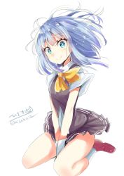Rule 34 | 1girl, aqua eyes, blouse, blue hair, closed mouth, full body, gloves, grey vest, hatsukaze (kancolle), highres, hizaka, kantai collection, looking at viewer, pleated skirt, school uniform, shirt, simple background, sitting, skirt, solo, vest, wariza, white background, white gloves, white hair, white shirt, yellow neckwear
