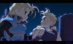 Rule 34 | 2boys, armor, artist name, bare shoulders, blonde hair, blue eyes, blue ribbon, blue tank top, breastplate, brothers, coin, edgar roni figaro, final fantasy, final fantasy vi, hair ribbon, hair tie, highres, holding, holding coin, letterboxed, long hair, long sleeves, looking back, low ponytail, male focus, sabin rene figaro, multiple boys, nanpou (nanpou0021), night, night sky, pectorals, plate armor, ribbon, shirt, shoulder armor, siblings, sky, sleeveless, sleeveless shirt, tank top, toned, toned male, turret, twins, upper body