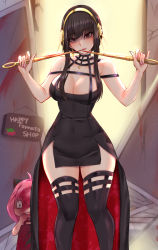 Rule 34 | 2girls, ahoge, anya (spy x family), arms up, bare shoulders, black dress, black eyes, black hair, black thighhighs, blood, blood stain, bloody weapon, breasts, child, cleavage, covered navel, cowboy shot, dress, dual wielding, flower, gold hairband, hair flower, hair ornament, hairband, highres, holding, horrified, implied murder, large breasts, looking at viewer, mother and daughter, multiple girls, off-shoulder dress, off shoulder, open mouth, pink hair, popoman, rose, sidelocks, sign, spikes, spy x family, thighhighs, two-sided dress, two-sided fabric, weapon, wide-eyed, wide hips, yor briar