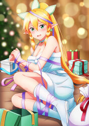 1girl bare_shoulders bdsm bed bell bondage bound box braid breasts christmas_tree cleavage dress gift gift_bag gift_box hair_between_eyes highres ken-ji leafa_(sao) long_hair looking_at_viewer neck_bell on_bed open_mouth pointy_ears ponytail ribbon sleeveless sleeveless_dress solo sword_art_online twin_braids very_long_hair white_dress