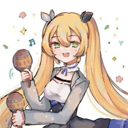 Rule 34 | 127, 1girl, blonde hair, blue skirt, dokibird (vtuber), green eyes, grey jacket, indie virtual youtuber, instrument, jacket, long hair, long sleeves, looking at viewer, maracas, musical note, open clothes, open jacket, open mouth, shirt, simple background, skirt, solo, teeth, twintails, upper body, upper teeth only, virtual youtuber, white background, white shirt