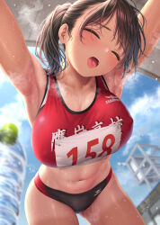 Rule 34 | 1girl, armpits, bent over, black hair, blush, bottle, breasts, buruma, closed eyes, highres, kase daiki, large breasts, navel, open mouth, original, ponytail, red sports bra, revision, short hair, solo, sports bra, steam, steaming body, sweat, tan, tanline, thighs, tongue, track uniform, very sweaty, water bottle, wet