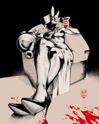 Rule 34 | 1girl, 2021, a.b.singh, amputee, arm cannon, armchair, black dahlia, blood, blood splatter, chair, crossed legs, cup, drinking glass, fur hat, grenade launcher, gun, hat, high heels, highres, legs, mask, monochrome, pillbox hat, prosthesis, prosthetic arm, sepia, sitting, skullgirls, smile, solo, tagme, veil, weapon