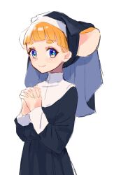 Rule 34 | + +, 1girl, alternate costume, animal ears, black dress, black veil, blue eyes, blunt bangs, blush, bright pupils, closed mouth, commentary request, cowboy shot, dress, extra ears, fingernails, habit, hands up, highres, indie virtual youtuber, light blush, light smile, long sleeves, looking at viewer, mau-chan (7name), mouse ears, mouse girl, naname (7name), nun, orange hair, original, own hands clasped, own hands together, simple background, smile, solo, thick eyebrows, turtleneck, veil, virtual youtuber, white background