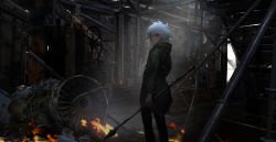 Rule 34 | 1boy, commentary request, danganronpa (series), danganronpa 2: goodbye despair, fire, green jacket, grey hair, highres, holding, holding polearm, holding spear, holding weapon, hood, hood down, hooded jacket, jacket, komaeda nagito, looking at viewer, looking back, machinery, male focus, medium hair, pants, polearm, qosic, solo, spear, sunlight, weapon, white hair
