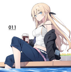 Rule 34 | 1girl, arm support, bare shoulders, belt, black jacket, blonde hair, blue eyes, blue pants, bra strap, breasts, cup, disposable cup, hair ribbon, highres, holding, jacket, long hair, looking at viewer, looking to the side, loose belt, medium breasts, midriff, navel, off shoulder, open clothes, open jacket, original, pants, poco (asahi age), ribbon, shirt, sitting, sleeveless, sleeveless shirt, solo, spaghetti strap, strap slip, water, white background, white shirt