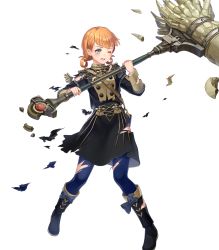 Rule 34 | 1girl, annette fantine dominic, bag, blue eyes, blush, boots, bow, crusher (weapon), epaulettes, fire emblem, fire emblem: three houses, fire emblem heroes, full body, garreg mach monastery uniform, hammer, heroes relic (fire emblem), highres, nintendo, official art, one eye closed, open mouth, orange hair, solo, thighhighs, torn clothes, transparent background, twintails