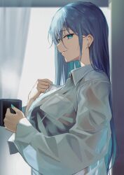 Rule 34 | 1girl, black bra, blue eyes, blue hair, blue nails, bra, bra visible through clothes, breasts, closed mouth, collared shirt, commentary, cup, curtains, dress shirt, ear piercing, english commentary, holding, holding cup, hyonee, indoors, large breasts, light smile, long hair, looking at viewer, nail polish, original, piercing, see-through, see-through shirt, shirt, sideways mouth, smile, solo, straight hair, underwear, upper body, white shirt, window, wing collar