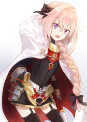 Rule 34 | 1boy, astolfo (fate), bad id, bad pixiv id, black thighhighs, blush, braid, cape, fang, fate/apocrypha, fate/grand order, fate (series), garter straps, hair ribbon, long hair, looking at viewer, male focus, masunosushi, open mouth, pink hair, purple eyes, ribbon, single braid, smile, solo, thighhighs, trap