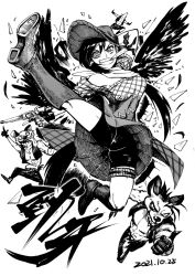Rule 34 | 1girl, 3boys, animal ears, arm behind head, bandana, black hair, boots, breasts, cigarette, collarbone, commentary request, cowboy hat, dated, fingerless gloves, fingernails, gloves, greyscale, grin, gun, hat, heran hei mao, holding, holding gun, holding weapon, horse tail, kurokoma saki, large breasts, leg up, long hair, looking at viewer, monochrome, multiple boys, off-shoulder shirt, off shoulder, pegasus wings, plaid, plaid skirt, pointing, pointing up, puffy short sleeves, puffy sleeves, sharp teeth, shirt, short shorts, short sleeves, shorts, skirt, smile, tail, teeth, thigh strap, thighs, tongue, tongue out, touhou, weapon, wolf ears, wolf spirit (touhou), wolf tail