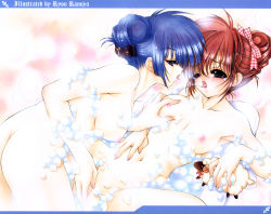 Rule 34 | 1990s (style), 2girls, arm support, armpits, artist name, ass, bath, bathing, bathtub, bent over, black eyes, blue eyes, blue hair, blunt bangs, blush, bow, breasts, brown hair, bubble, bubble bath, buckle, collarbone, covered erect nipples, eye contact, female focus, fingering, fingernails, foam, from side, grabbing, grabbing another&#039;s breast, hair between eyes, hair bow, hair bun, hair ornament, hair up, half-closed eyes, hand on own stomach, hanging breasts, highres, holding, image sample, indoors, kiss, large breasts, letterboxed, long fingernails, long hair, looking at another, lying, multiple girls, navel, nipples, nude, on back, open mouth, original, pale skin, plaid, profile, pussy, raised eyebrows, ramiya ryou, red hair, retro artstyle, saliva, saliva swap, saliva trail, same-sex bathing, scan, shared bathing, short hair, soap bubbles, spread legs, steam, stuffed animal, stuffed sheep, stuffed toy, tears, tongue, tongue out, uncensored, uneven eyes, wading, yuri