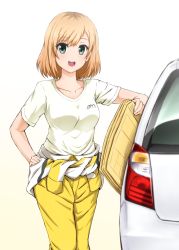 Rule 34 | 10s, 1girl, :d, brown hair, car, clothes around waist, diesel-turbo, envelope, green eyes, hand on own hip, looking at viewer, miyamori aoi, motor vehicle, open mouth, shirobako, shirt, smile, solo, t-shirt, vehicle
