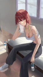Rule 34 | 1girl, absurdres, aketa mikoto, bench, bottle, brown eyes, commentary, cushion, hand towel, highres, idolmaster, idolmaster shiny colors, looking at viewer, midriff, multicolored hair, navel, nofakeuk, on bench, pants, red hair, shoes, short hair, sitting, smile, solo, strap slip, sweat, sweatpants, tank top, two-tone hair, water bottle, window, wooden floor