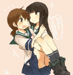 Rule 34 | 10s, 2girls, black hair, blunt bangs, blush, brown eyes, brown hair, carrying, collared shirt, commentary, flying sweatdrops, hand on another&#039;s shoulder, hatsuyuki (kancolle), ina (1813576), kantai collection, long hair, low twintails, multiple girls, neckerchief, open mouth, panties, parted bangs, pleated skirt, princess carry, sailor collar, school uniform, serafuku, shirayuki (kancolle), shirt, short hair, simple background, skirt, sparkle, text focus, translation request, twintails, underwear, white panties, yuri