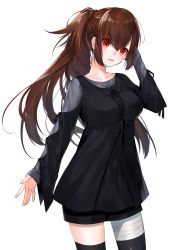 Rule 34 | 1girl, bandages, breasts, brown hair, collarbone, commentary request, cowboy shot, large breasts, long hair, long sleeves, looking at viewer, original, parted lips, ponytail, red eyes, shirt, shorts, simple background, solo, standing, thighhighs, waka (shark waka), white background