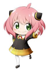 Rule 34 | 1girl, ahoge, anya (spy x family), black dress, black footwear, blouse, blush, chibi, child, closed mouth, collared shirt, dress, eyebrows hidden by hair, full body, green eyes, hand on own hip, highres, kuena, long sleeves, outstretched arm, pantyhose, pink hair, pointing, shirt, shoes, smile, solo, spy x family, standing, standing on one leg, white pantyhose, white shirt