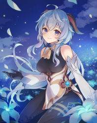 Rule 34 | 7aka ne11, absurdres, ahoge, bare shoulders, bell, black gloves, black legwear, blue flower, blue hair, blush, breasts, chinese knot, detached sleeves, flower, flower knot, ganyu (genshin impact), genshin impact, gloves, gold trim, highres, horns, long hair, looking at viewer, medium breasts, multicolored eyes, neck bell, night, petals, sidelocks, sitting, smile, solo, thighlet, vision (genshin impact), wariza, white sleeves