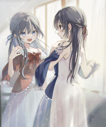Rule 34 | 2girls, :d, absurdres, bare arms, bare shoulders, black hair, blue dress, blue eyes, blue ribbon, blush, braid, closed mouth, commentary request, curtains, different reflection, dress, unworn dress, hair between eyes, hair ribbon, highres, holding, holding clothes, holding dress, indoors, long hair, long sleeves, mirror, multiple girls, open mouth, original, profile, red dress, red eyes, red ribbon, reflection, ribbon, sake (utopia modoki), siblings, sisters, sleeveless, sleeveless dress, smile, strap slip, twins, very long hair, white dress