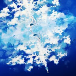 Rule 34 | 1girl, achiki, barefoot, cloud, contrail, dress, dutch angle, gradient background, hair ornament, long hair, looking up, original, reflection, ripples, rocket, scenery, sitting, sky, solo, surreal, vocaloid, water, water world, white hair