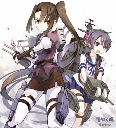 Rule 34 | 10s, 2girls, akebono (kancolle), amagai tarou, bell, belt, blue skirt, brown eyes, brown hair, buckle, cannon, collarbone, expressionless, flower, hair bell, hair flower, hair ornament, jingle bell, kantai collection, long hair, machinery, multiple girls, nachi (kancolle), parted bangs, personification, pleated skirt, purple eyes, purple hair, school uniform, serafuku, shirt, short sleeves, simple background, skirt, thigh strap, torn clothes, turret, white background, white shirt