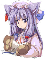 Rule 34 | 1girl, animal ears, animal hands, blue ribbon, book, cat ears, cat girl, cat paws, female focus, hair ribbon, imuraya ayuka, kemonomimi mode, long hair, looking at viewer, patchouli knowledge, purple eyes, purple hair, red ribbon, ribbon, simple background, sketch, solo, striped, touhou, vertical stripes, white background