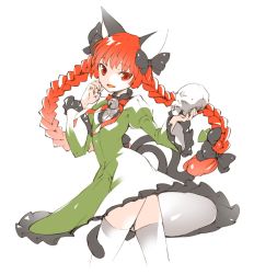 Rule 34 | 1girl, animal ears, bow, braid, cat ears, cat tail, hair bow, ichizen (o tori), kaenbyou rin, long hair, looking at viewer, md5 mismatch, multiple tails, red eyes, red hair, skull, solo, tail, thighhighs, touhou, twin braids, twintails, white thighhighs