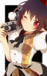Rule 34 | 1girl, ;), aoi (annbi), belt, black skirt, blush, buckle, camera, collared shirt, dress shirt, hat, highres, looking at viewer, one eye closed, pointy ears, pom pom (clothes), puffy short sleeves, puffy sleeves, red eyes, shameimaru aya, shirt, short sleeves, skirt, smile, solo, tokin hat, touhou, upper body, white shirt