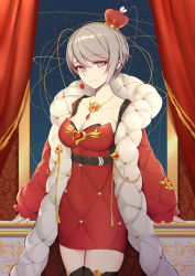 Rule 34 | 1girl, alternate costume, belt, black bra, boots, bra, breasts, cleavage, closed mouth, coat, collarbone, crown, curtains, dress, gloves, grey hair, highres, honkai (series), honkai impact 3rd, indoors, jewelry, leaning, liu lan, looking at viewer, medium breasts, necklace, open clothes, open coat, pink eyes, red dress, rita rossweisse, rita rossweisse (umbral rose), short hair, sidelocks, smile, solo, standing, thigh boots, thighhighs, underwear, window