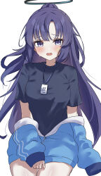 Rule 34 | 1girl, absurdres, black shirt, blue archive, blush, breasts, commentary request, facepaint, halo, highres, jacket, jacket partially removed, lanyard, looking at viewer, medium breasts, official alternate costume, purple eyes, purple hair, shinzousan, shirt, simple background, solo, star (symbol), sweat, track jacket, white background, yuuka (blue archive), yuuka (track) (blue archive)