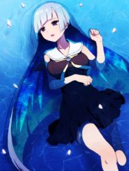 Rule 34 | 1girl, asymmetrical bangs, bare arms, bare legs, black dress, blue eyes, blunt bangs, breasts, brynhildr (fate), dress, fate/prototype, fate/prototype: fragments of blue and silver, fate (series), female focus, long hair, looking away, lying, medium breasts, open mouth, partially submerged, pleated dress, silver hair, solo, very long hair, water, you (noanoamoemoe)