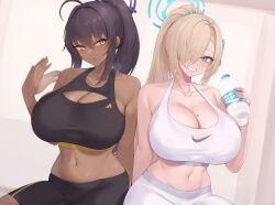 Rule 34 | 2girls, afterimage, ahoge, asuna (blue archive), bike shorts, black hair, black shorts, blonde hair, blue archive, blue eyes, blue nails, bottle, breasts, cleavage cutout, clothing cutout, collarbone, commentary, dark-skinned female, dark skin, grin, hair between eyes, hair over one eye, hair ribbon, halo, hand up, heavy breathing, high ponytail, holding, holding bottle, huge breasts, karin (blue archive), kuavera, long hair, looking at viewer, mole, mole on breast, motion blur, multiple girls, navel, parted lips, ribbon, shorts, side-by-side, simple background, smile, sports bra, sportswear, symbol-only commentary, very long hair, yellow eyes