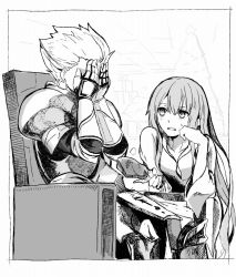 Rule 34 | 2boys, armor, chicken (food), enkidu (fate), face in hands, fate/grand order, fate/stay night, fate/strange fake, fate (series), food, gilgamesh (fate), greyscale, hair slicked back, long hair, monochrome, multiple boys, syatey, trap