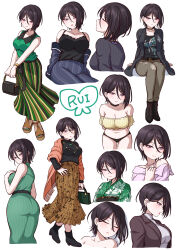 Rule 34 | 1girl, absurdres, alternate costume, animal print, ass, asymmetrical hair, bag, bang dream!, bare shoulders, black footwear, black hair, black jacket, black panties, black shirt, blouse, bracelet, breasts, brown pants, butterfly print, camisole, character name, cleavage, collarbone, denim, dress, earrings, english text, formal, from behind, from side, green dress, green kimono, green nails, green shirt, half-closed eyes, handbag, highres, holding, holding bag, jacket, japanese clothes, jeans, jewelry, kimono, kitayu, legs, light smile, lingerie, lipstick, long skirt, looking at viewer, makeup, medium breasts, midriff, morfonica, multiple views, nail polish, nape, necklace, off-shoulder shirt, off shoulder, panties, pants, pink shirt, print kimono, purple eyes, red scarf, sandals, scarf, shirt, short hair, skirt, solo, striped clothes, striped skirt, toenail polish, toenails, torn clothes, torn jeans, torn pants, underwear, vertical-striped clothes, vertical-striped skirt, white background, yashio rui