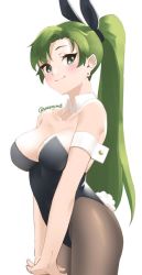 Rule 34 | 1girl, alternate costume, animal ears, arm cuffs, asymmetrical bangs, bare shoulders, black leotard, black pantyhose, blush, breasts, cleavage, closed mouth, collarbone, cowboy shot, detached collar, earrings, fake animal ears, female focus, fire emblem, fire emblem: the blazing blade, green eyes, green hair, jewelry, large breasts, leotard, long hair, looking at viewer, lyn (fire emblem), neck, nintendo, own hands together, pantyhose, playboy bunny, ponytail, rabbit ears, rabbit tail, simple background, skeptycally, smile, solo, strapless, strapless leotard, stud earrings, tail, twitter username, v arms, white background, wrist cuffs