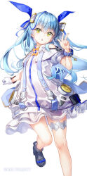 Rule 34 | 1girl, bare shoulders, black footwear, blue bow, blue hair, blue ribbon, bow, clothing cutout, commentary request, dress, fujima takuya, green eyes, grey socks, hair between eyes, hair intakes, hair ribbon, highspeed etoile, komachi towa, long hair, looking at viewer, parted lips, puffy short sleeves, puffy sleeves, ribbon, shoes, short sleeves, shoulder cutout, simple background, socks, solo, standing, standing on one leg, two side up, very long hair, white background, white dress