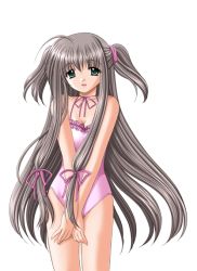 Rule 34 | 1girl, blush, breasts, brown hair, cleavage, collarbone, green eyes, hair ribbon, hiwatari aya, long hair, looking at viewer, lovely idol, medium breasts, nishimata aoi, one-piece swimsuit, open mouth, pink one-piece swimsuit, ribbon, smile, standing, swimsuit, twintails, white background