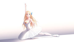 Rule 34 | 1girl, ballerina, ballet, ballet dress, ballet slippers, blonde hair, blue eyes, breasts, cartonbox (zhixiang zhi), cleavage, closed mouth, covered navel, dress, floor, hand up, highres, long hair, looking at viewer, medium breasts, pantyhose, saratoga (warship girls r), sitting, slippers, smile, solo, warship girls r, white background, white dress, white footwear, white pantyhose