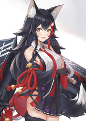 Rule 34 | 1girl, :d, animal ears, azur lane, bad id, bad pixiv id, bare shoulders, black gloves, black hair, black skirt, breasts, detached sleeves, fang, flight deck, fuwawa (fuwawa617), gloves, hair ornament, hand up, highres, hololive, long hair, long sleeves, looking at viewer, medium breasts, miniskirt, multicolored hair, ookami mio, open mouth, orange eyes, pleated skirt, red hair, revision, shirt, skirt, smile, solo, streaked hair, tail, thighhighs, virtual youtuber, white shirt, wide sleeves, wolf ears, wolf girl, wolf tail, zettai ryouiki