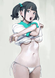 Rule 34 | 1girl, aqua bow, bikini, bikini under clothes, black hair, blue nails, bow, breasts, clothes lift, cowboy shot, crossed arms, green eyes, grey background, hair bow, hands up, highres, inamitsu shinji, legs together, lifted by self, lips, looking at viewer, medium breasts, nail polish, navel, open mouth, original, paid reward available, shirt, shirt lift, short hair, short sleeves, short twintails, side-tie bikini bottom, sidelocks, simple background, sleeve cuffs, solo, standing, stomach, string bikini, swimsuit, tareme, teeth, twintails, undressing, white bikini, white shirt