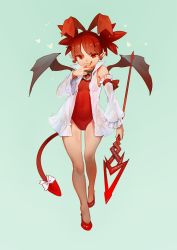 Rule 34 | 1girl, 3four, aqua background, bare legs, bow, cosplay, covered navel, demon tail, demon wings, detached sleeves, disgaea, earrings, elder spear, etna (disgaea), flonne, flonne (cosplay), flonne (fallen angel), frills, full body, gradient background, hairband, heart, heart earrings, highres, holding, holding weapon, jewelry, leotard, long hair, long sleeves, pointy ears, polearm, red eyes, red footwear, red hair, red leotard, shoes, solo, spear, tail, tail bow, tail ornament, twintails, weapon, white bow, wings