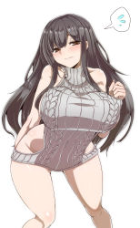 Rule 34 | 1girl, aran sweater, backless dress, backless outfit, bare arms, bare back, bare shoulders, black hair, blunt bangs, blush, breasts, brown eyes, cable knit, closed mouth, cowboy shot, dress, frown, grey sweater, groin, large breasts, leaning forward, long hair, looking at viewer, meme attire, naked sweater, original, ribbed sweater, sidelocks, solo, spoken sweatdrop, sweatdrop, sweater, sweater dress, tanaka ginji, turtleneck, turtleneck sweater, virgin killer sweater